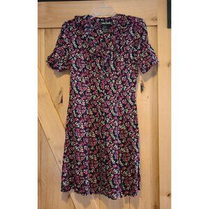 Jamie Brooke Sz L Blue Ditsy Floral Dress Tie Back Ruffle Neck Whimsy Goth Fairy